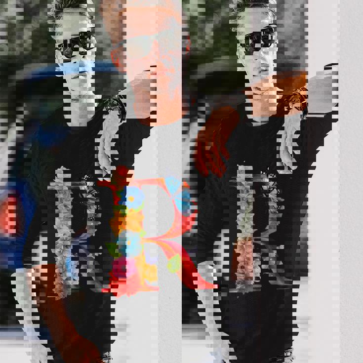 イニシャル R アルファベット バタフライ ローズ 花 水彩 モノグラム 長袖Tシャツ 彼への贈り物