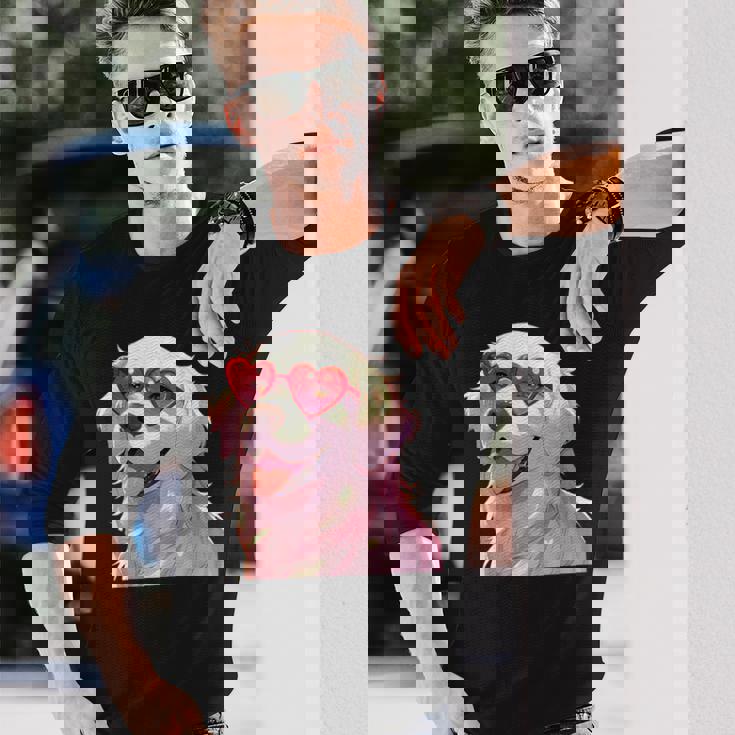 イングリッシュクリーム ゴールデンレトリバー ママギフト ハート メガネ ラブ 長袖Tシャツ 彼への贈り物