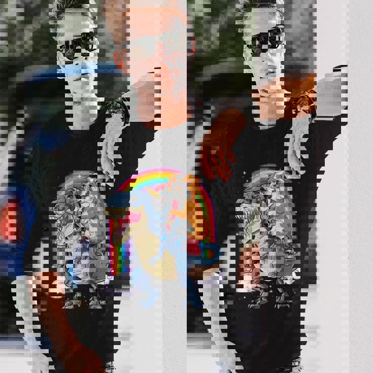 イングリッシュブルドッグ ユニコーン ライディング ダイナソー Tレックス ギフト メンズ レディース 長袖Tシャツ 彼への贈り物