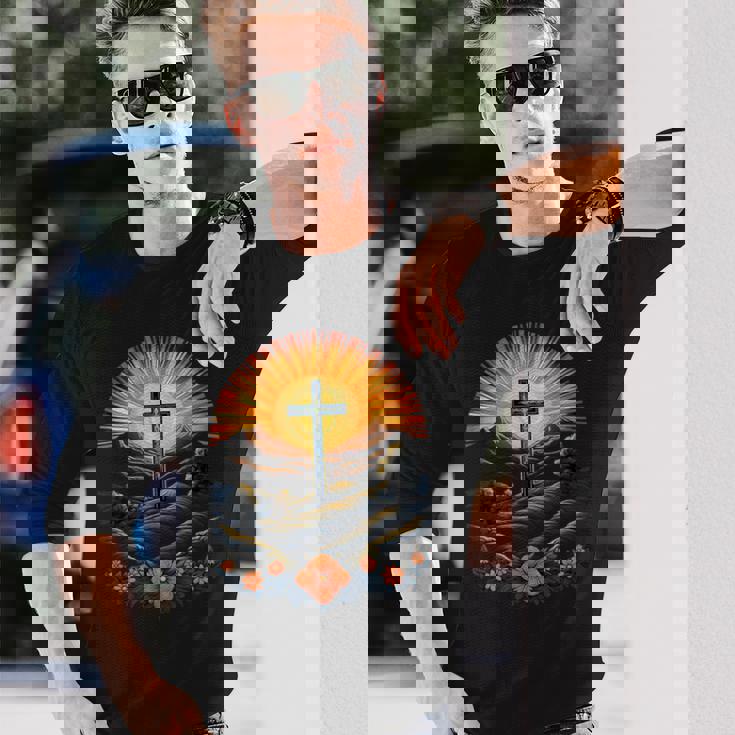 イースターデー クロスフラワー サンセット クリスチャン イースター 長袖Tシャツ 彼への贈り物