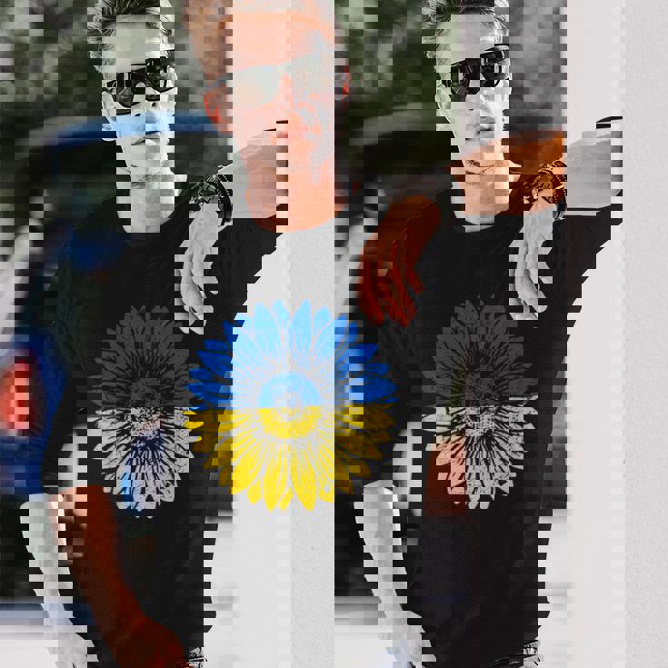 ウクライナの平和ひまわり苦しめられた青と黄色 長袖Tシャツ 彼への贈り物