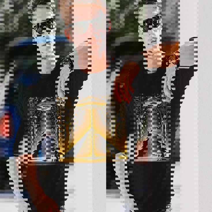 エジプトピラミッドufo猫と光エネルギー Egypt Ufo Pyramid Beam 長袖Tシャツ 彼への贈り物