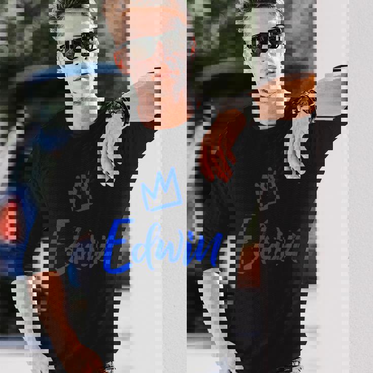 エドウィン ザ・キングブルークラウン&ネーム 男性用 エドウィンと呼ばれる 長袖Tシャツ 彼への贈り物