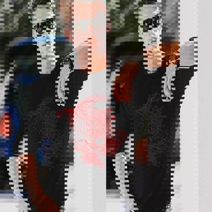 オリジナルツインサギと菊レッドラインアート 長袖Tシャツ 彼への贈り物