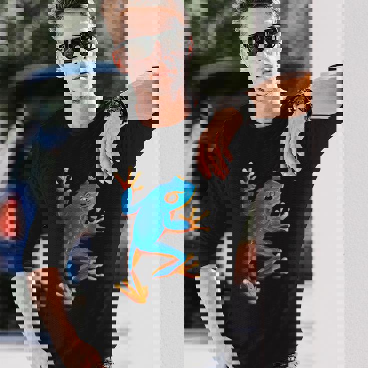 カエルの恋人-青いカエル 長袖Tシャツ 彼への贈り物