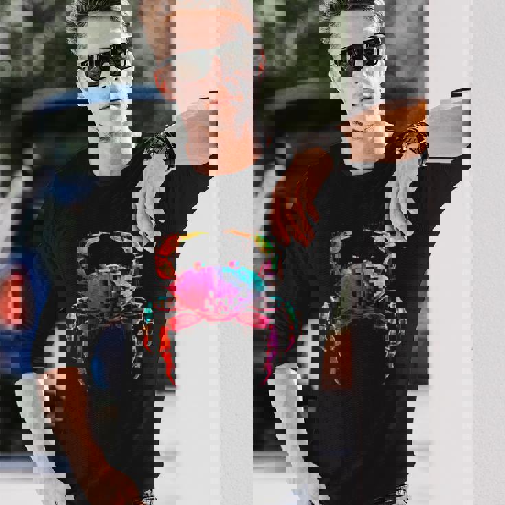 カニ カラフル 幾何学 動物 アート グラフィック モチーフ カニ 長袖Tシャツ 彼への贈り物