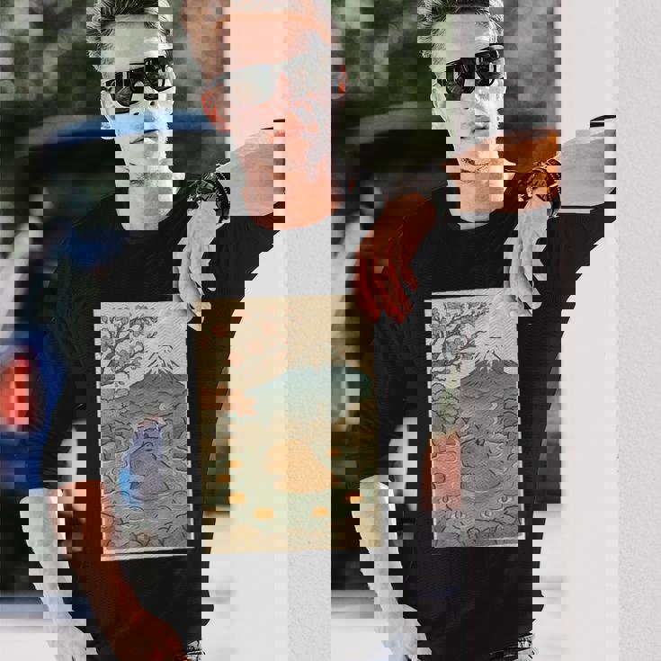 カピバラ 桜と温泉のカワイイアート 長袖Tシャツ 彼への贈り物