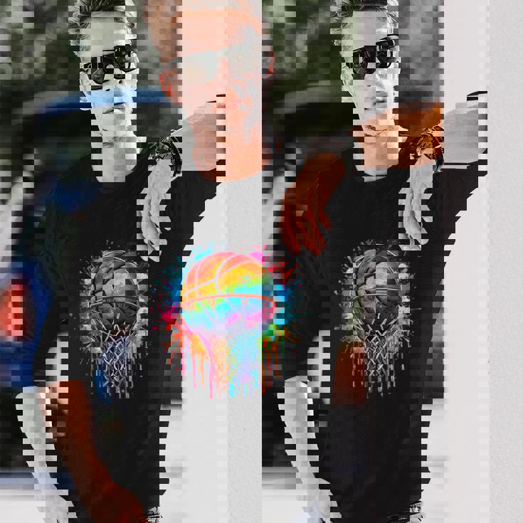 カラフル バスケットボール 絞り染め カラー スプラッシュ フープ ネット スラム ダンク 長袖Tシャツ 彼への贈り物