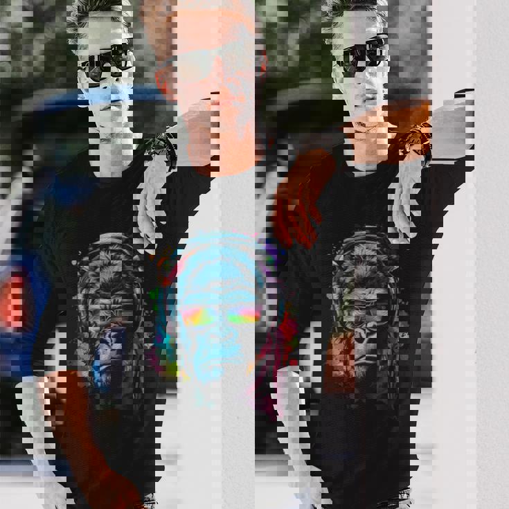 カラフルなゴリラとヘッドフォン レインボー バイブス エイプ モチーフ 長袖Tシャツ 彼への贈り物