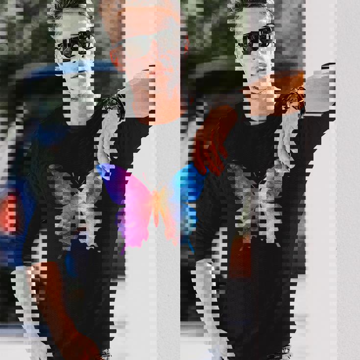 カラフルなシルエット抽象的な水彩蝶 長袖Tシャツ 彼への贈り物