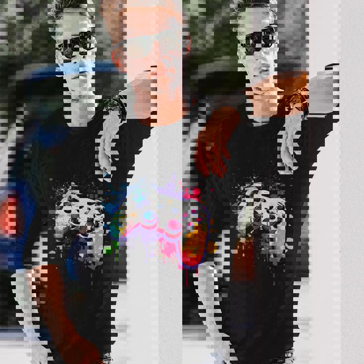 カラフルなビデオゲームコントローラー ジョイスティック コンソール 長袖Tシャツ 彼への贈り物