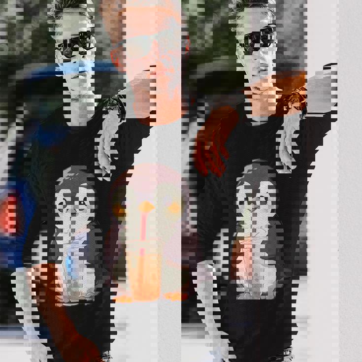 カワイイ ペンギンドリンク バブルティー ペンギンボバ 長袖Tシャツ 彼への贈り物