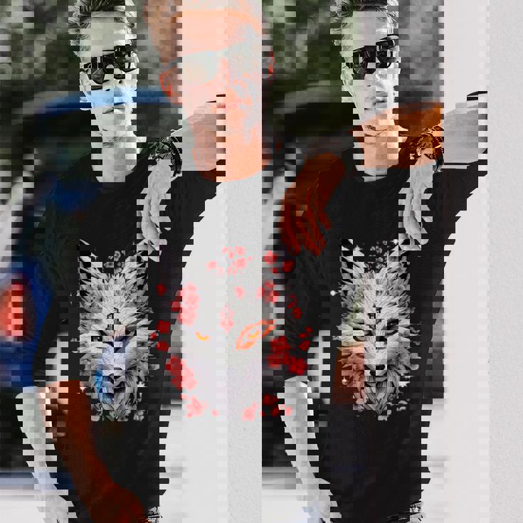 キツネ キツネ キツネ マスク アニメ カワイイ 桜 花 長袖Tシャツ 彼への贈り物