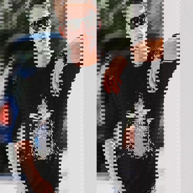 キュートで面白い猫のドラマー ドラムを弾くパンク ロックスター グラフィック 長袖Tシャツ 彼への贈り物