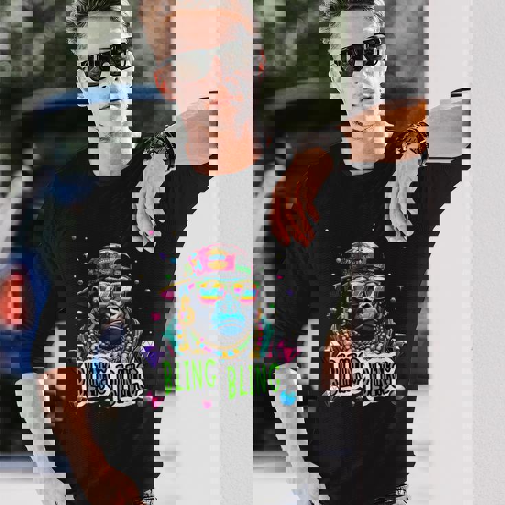 キラキラ光るクールなゴリラとジュエルヒップホップアートギャングスター 長袖Tシャツ 彼への贈り物