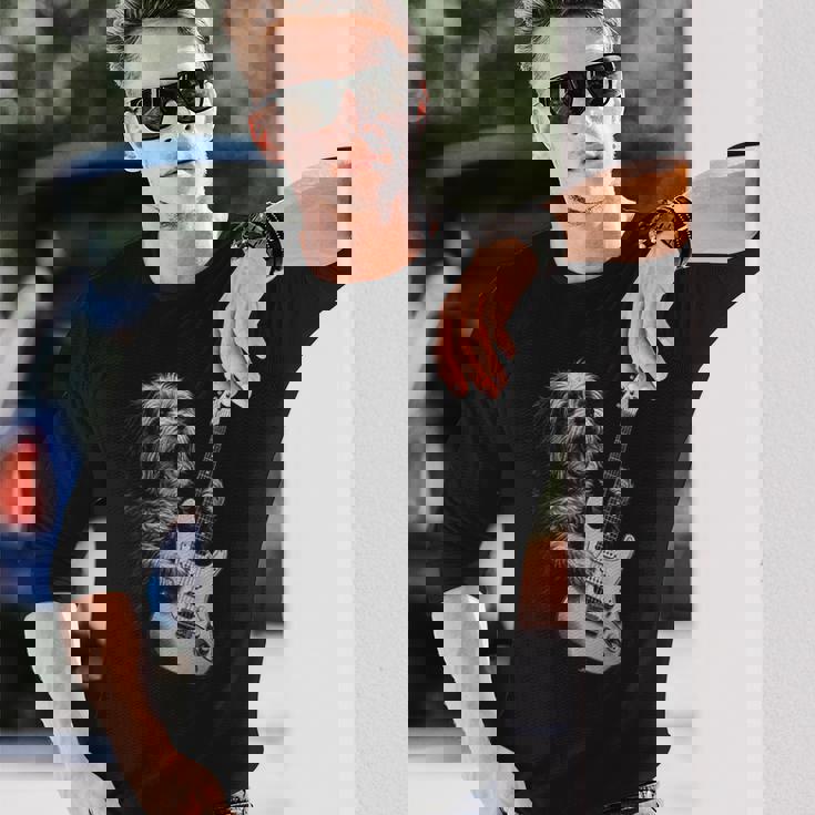 ギターを弾くハバニーズ犬 ロックミュージック 犬好き 長袖Tシャツ 彼への贈り物