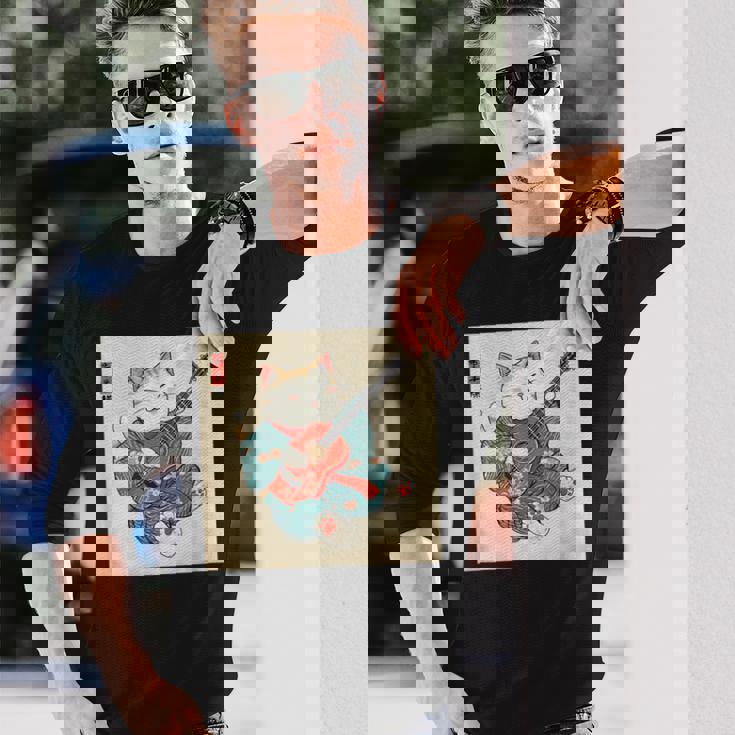 ギター奏でる猫 着物姿 ヴィンテージ 日本美術 面白い 長袖Tシャツ 彼への贈り物