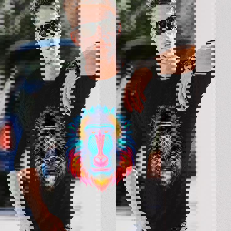 クール マンドリル 猿の精霊 動物 イラスト 絞り染め アート 長袖Tシャツ 彼への贈り物