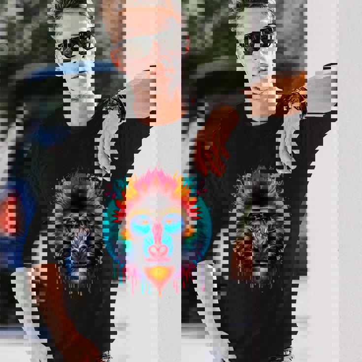 クールなタイダイサングラスマンドリルイラストアート 長袖Tシャツ 彼への贈り物