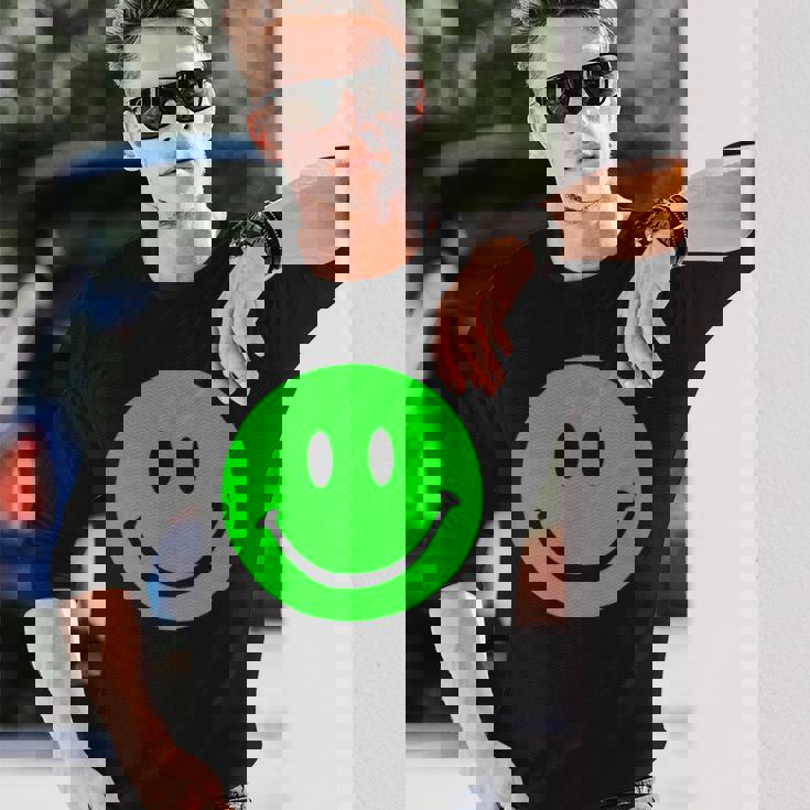 グリーン スマイリーフェイス レトロ グリーン ハッピーフェイス 長袖Tシャツ 彼への贈り物