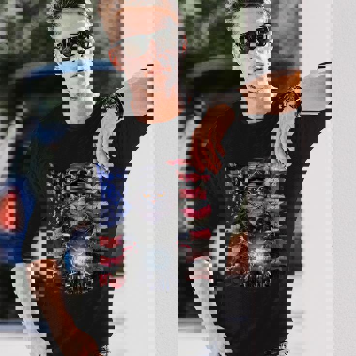 グレー 猫 ねこ バイク 星条旗 アメリカ 長袖Tシャツ 彼への贈り物