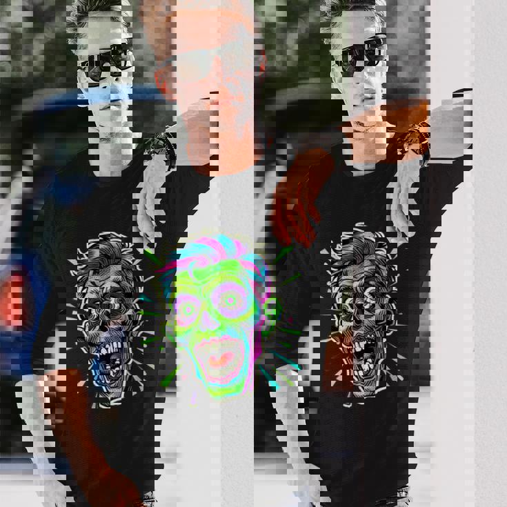 サイケデリック ゾンビヘッド ホラーアート 不気味なアンデッド 長袖Tシャツ 彼への贈り物