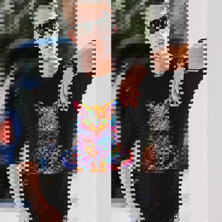 サイケデリック マンガ 猫 カラフル ファンタジー 曼荼羅スタイル 長袖Tシャツ 彼への贈り物