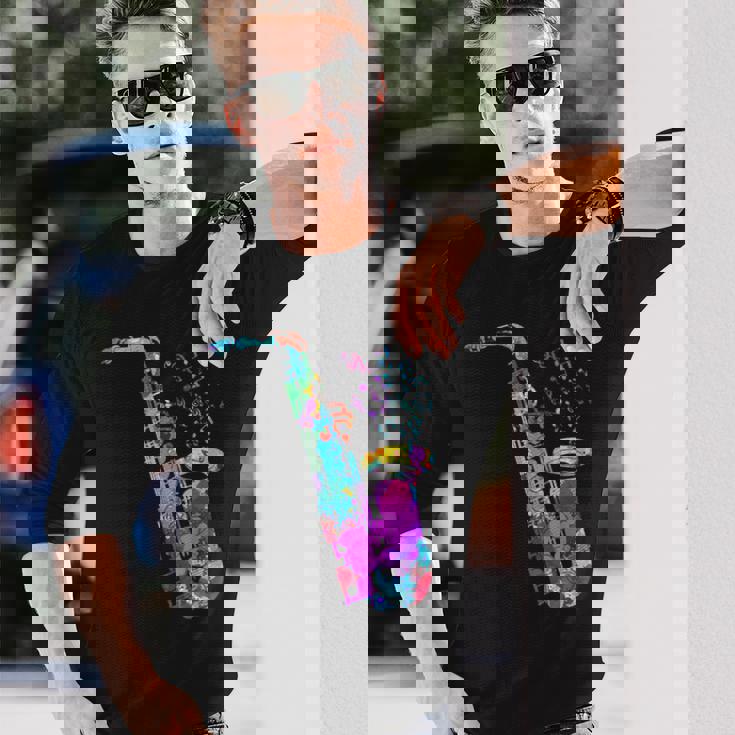 サクソフォン プレーヤー ジャズ 音符 サクソフォン カラフル サックス 長袖Tシャツ 彼への贈り物