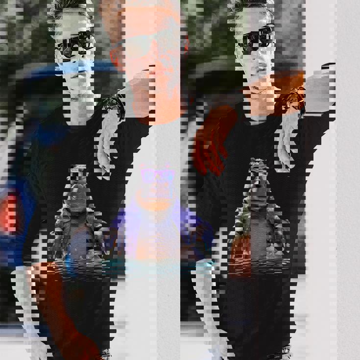 サングラスをかけたカバ カバ かわいいカバ 長袖Tシャツ 彼への贈り物