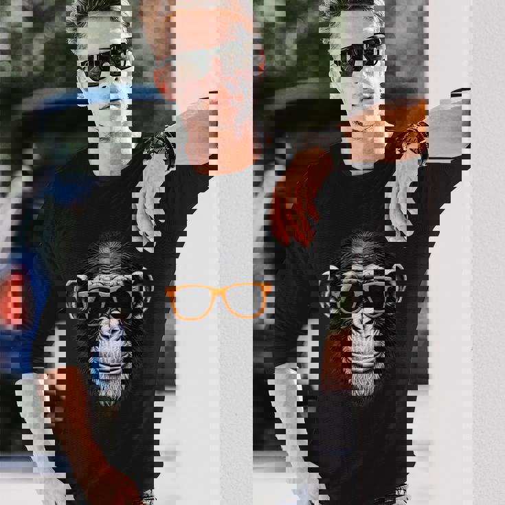 サングラスをかけたクールなチンパンジー猿グラフィックアート 長袖Tシャツ 彼への贈り物