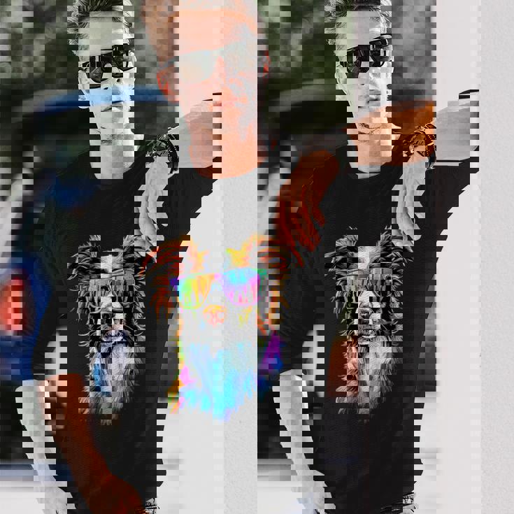 サングラスをかけたボーダーコリー 子犬 かわいいボーダーコリー 長袖Tシャツ 彼への贈り物