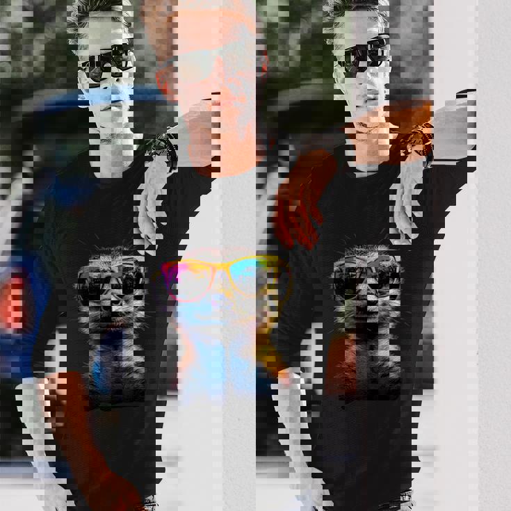 サングラスをかけたミーアキャット カラフルかわいいミーアキャット 長袖Tシャツ 彼への贈り物