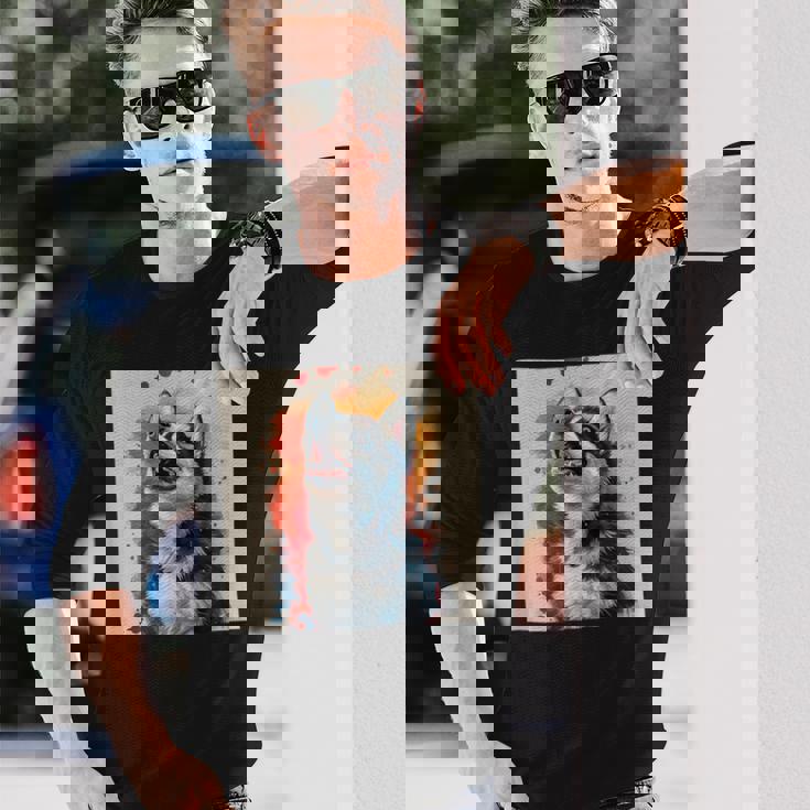 シベリアンハスキー子犬の笑いグラフィック。 長袖Tシャツ 彼への贈り物