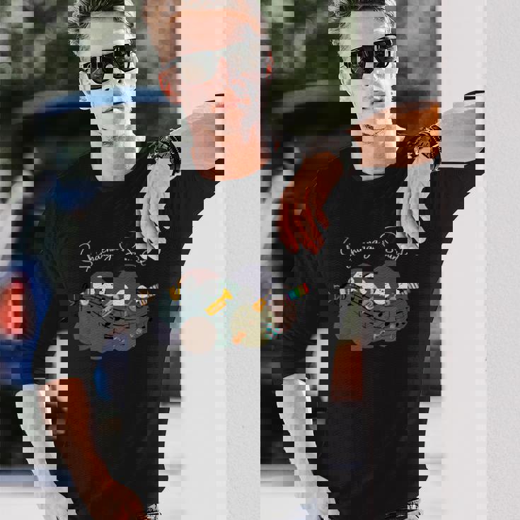 シマエナガ 楽器 トランペット サックス バイオリン ギター 音符 仲良し 可愛い 音楽好き 長袖Tシャツ 彼への贈り物