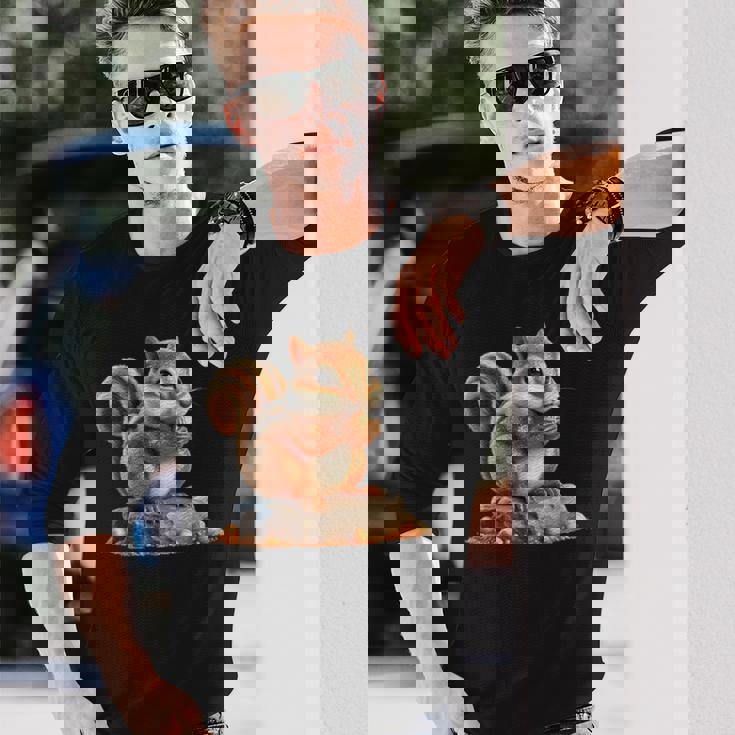 シマリス 森林 動物 木 リス 水彩 長袖Tシャツ 彼への贈り物