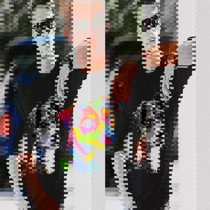 ジャック・ラッセル・テリア ブライトカラー ポップアート 愛犬家 長袖Tシャツ 彼への贈り物