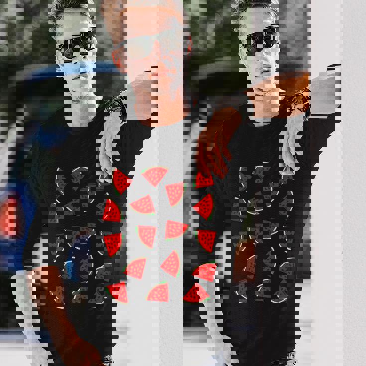 スイカ柄 夏 フルーツ 恋人 フルーツ スライス 種 長袖Tシャツ 彼への贈り物