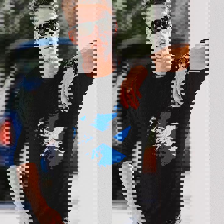 スコットランドの地図と旗の胸のロゴ スコットランドのお土産 長袖Tシャツ 彼への贈り物