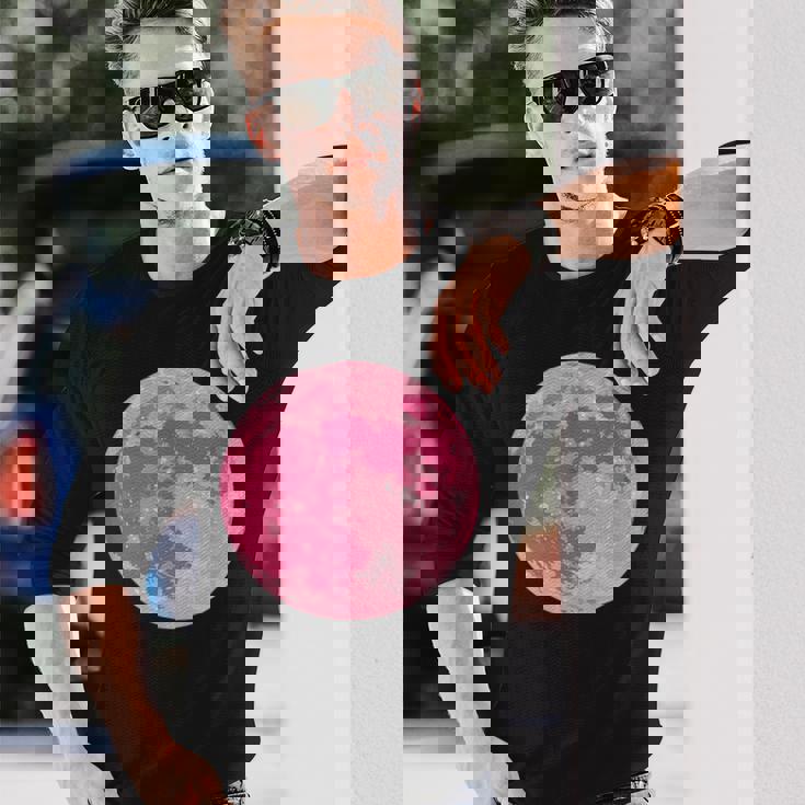 ストロベリームーンデザイン 満月 かわいいピンクムーン 長袖Tシャツ 彼への贈り物