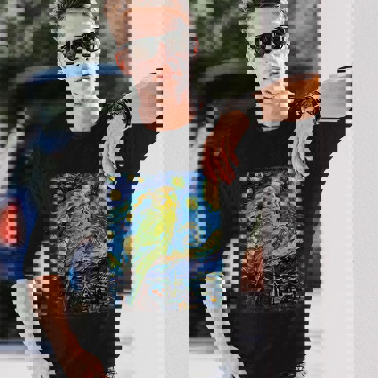 セキセイインコ オウム 鳥 星月夜 絵画 長袖Tシャツ 彼への贈り物