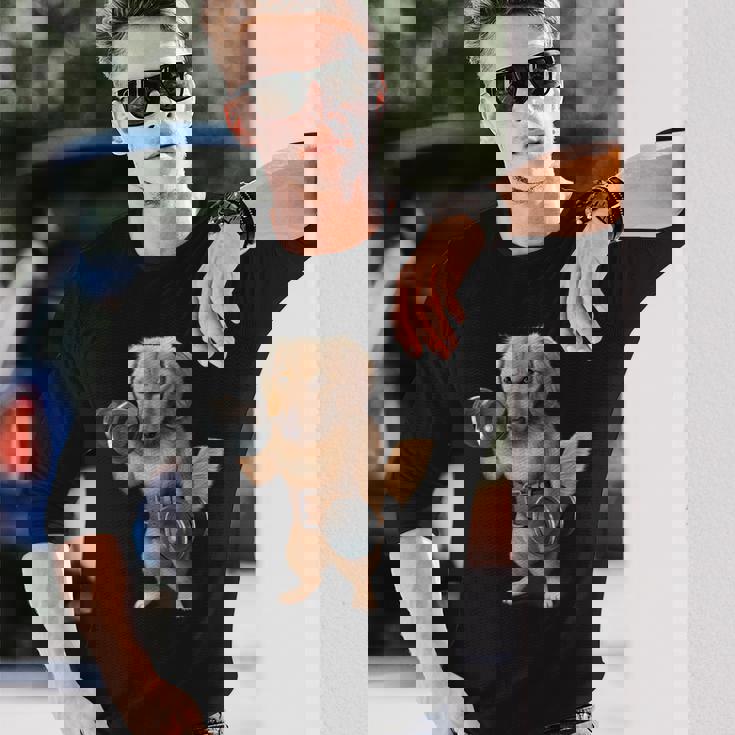 ダックスフンド 犬の筋肉トレーニング ダンベル付き フィットネスジム 長袖Tシャツ 彼への贈り物