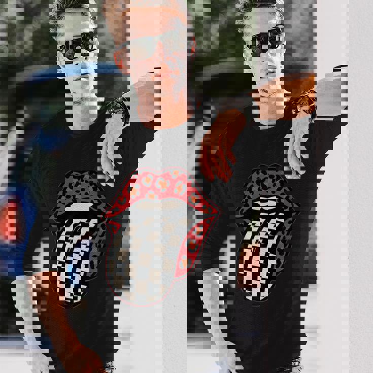 チェック 舌 赤 ヒョウ 唇 レース 長袖Tシャツ 彼への贈り物