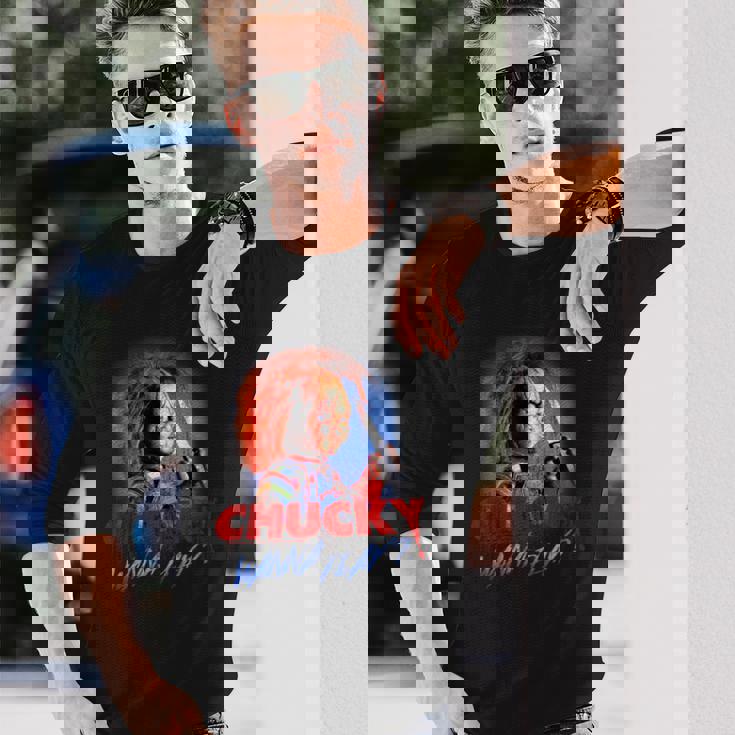 チャッキー・ワナ・プレイ・ブラッディ・ナイフ 長袖Tシャツ 彼への贈り物