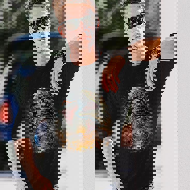 ティラノサウルス レックス 恐竜 先史時代の満月 長袖Tシャツ 彼への贈り物