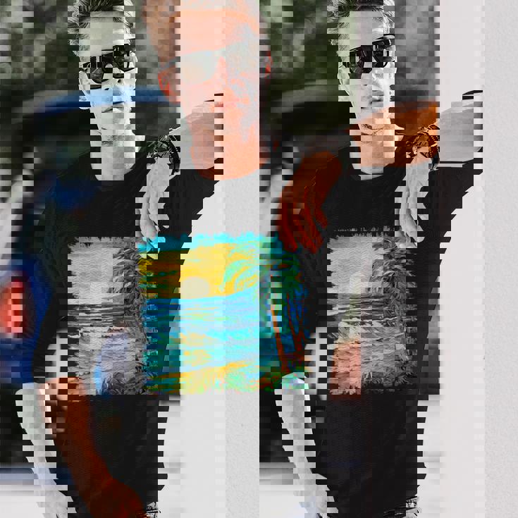 トロピカルビーチ 太陽 オーシャン ヤシの木 ゴッホスタイル アートデザイン 長袖Tシャツ 彼への贈り物