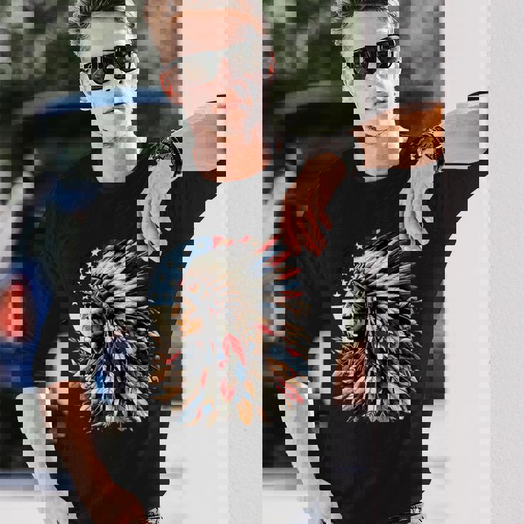 ネイティブアメリカン インディアン チーフ アメリカ国旗 先住民 長袖Tシャツ 彼への贈り物