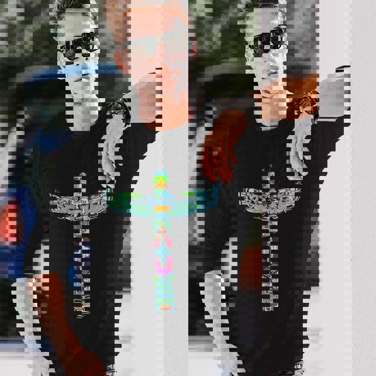 ネイティブアメリカン トーテムポール カラフル サンダーバードデザイン 長袖Tシャツ 彼への贈り物