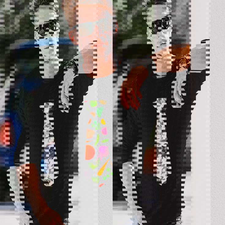 ネギニンジンと豆の柄のベジタブルタイ 長袖Tシャツ 彼への贈り物