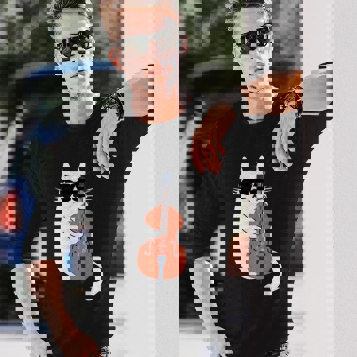 ネコとコントラバス 猫とサングラス ネコ好き 猫飼い コントラバス ウッドベース ダブルベース ジャズ音楽 ネコ 猫 長袖Tシャツ 彼への贈り物