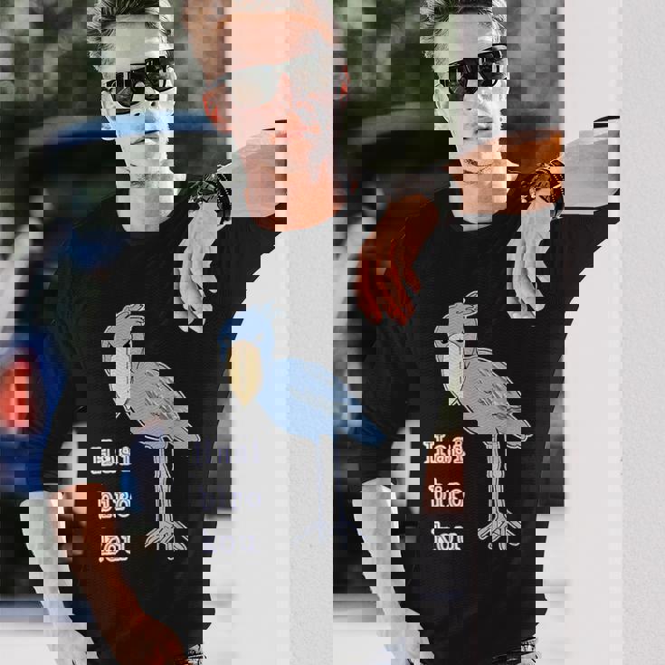 ハシビロコウさん 『セルフィー』青い鳥【どうぶつフレンズ 】ゆるくて かわいい 動物園の生き物 イラスト 長袖Tシャツ 彼への贈り物